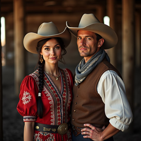 Portrait of a young couple in a cowboy costume posing outdoors.の素材