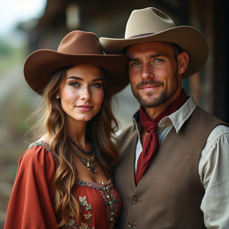 Portrait of a beautiful couple in cowboy hats on the countryside.の素材