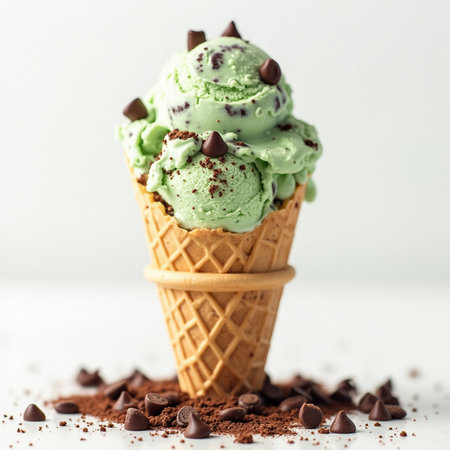 Ice cream in waffle cone with chocolate and green tea on white backgroundの素材