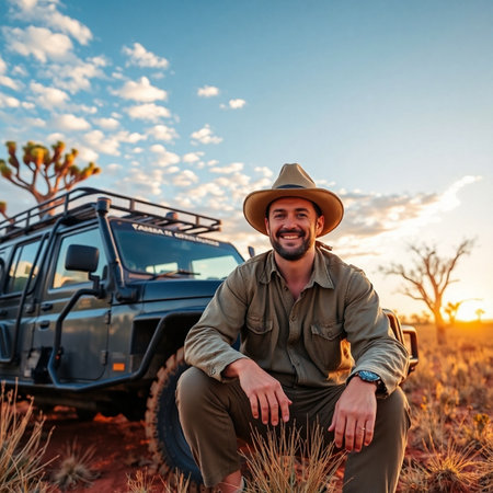 Handsome African safari man in the desert of Namibiaの素材