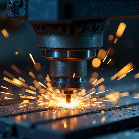 Metalworking CNC milling machine cutting metal with sparks close upの素材