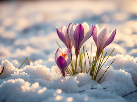 Spring crocus flowers in the snow. Early spring. Symbol of peace and joy. Landscape photography.の素材