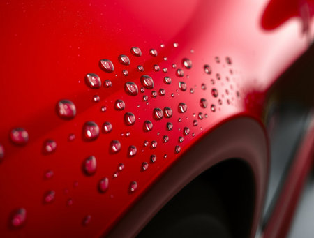 Water drops on a red sports car. Shallow depth of field.の素材