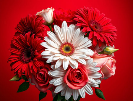 beautiful bouquet of gerberas and roses on a red backgroundの素材
