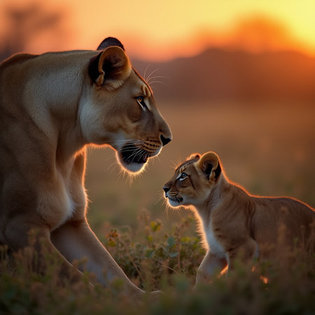 Lioness and lion cub in the savannah at sunset.の素材