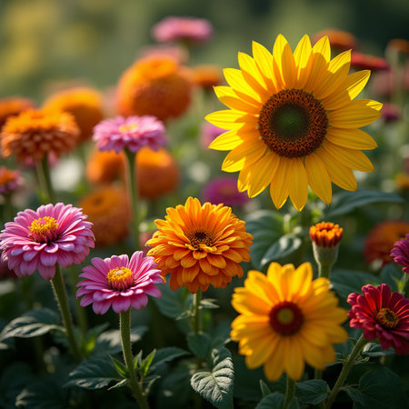 Beautiful colorful sunflowers in the garden. Selective focus.の素材