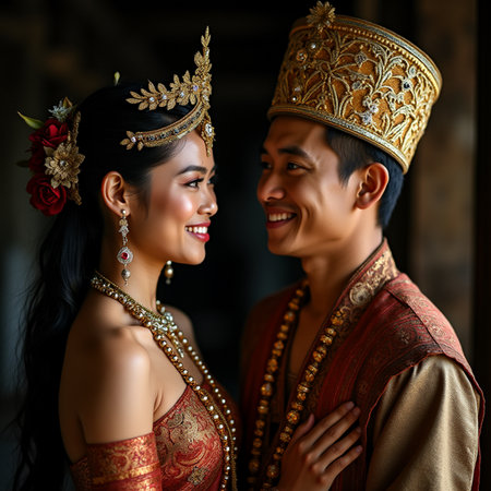 Beautiful Asian bride and groom in traditional thai costume smiling at each otherの素材