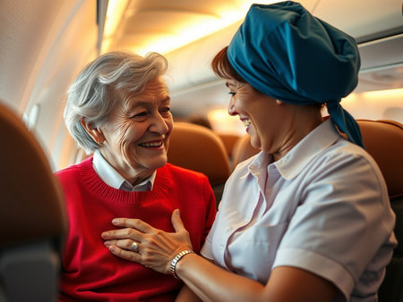 Smiling elderly woman in the cabin of the plane with her caregiver.の素材