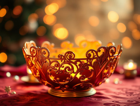 Candles in a golden candlestick on the background of a Christmas treeの素材