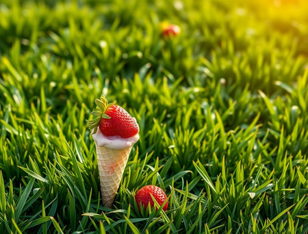 Strawberry ice cream cone on green grass in sunny day.の素材