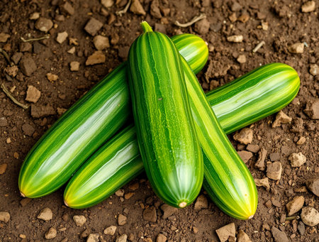 Cucumbers in the garden. Cucumbers on the ground.の素材