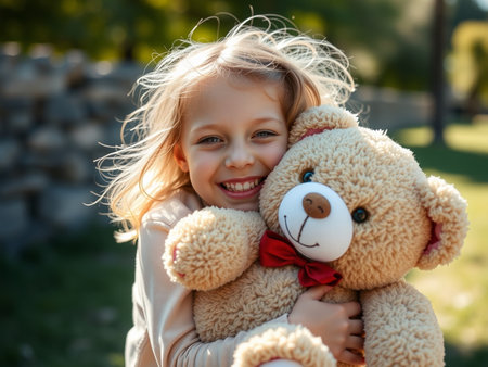 Portrait of a cute little girl with teddy bear in the parkの素材