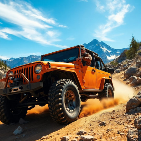 Off-road vehicle in the mountains on a background of blue skyの素材