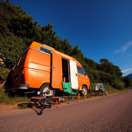 Caravan on the road in summer. Camping on nature.の素材