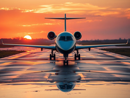 Airplane on the runway at sunset in the rays of the setting sunの素材
