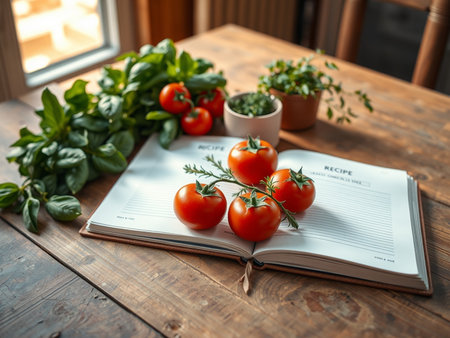 Tomatoes and herbs on a book on a wooden table in a cafeの素材