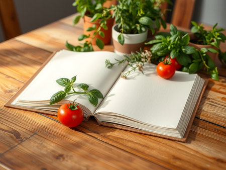 Open book with fresh herbs and tomatoes on wooden table, closeupの素材