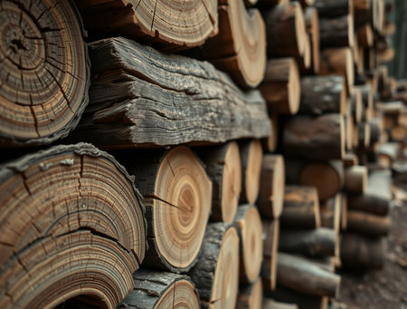 Wooden logs stacked in a pile as a background, close-upの素材