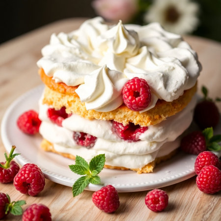 Raspberry cake with whipped cream and fresh raspberries, selective focusの素材