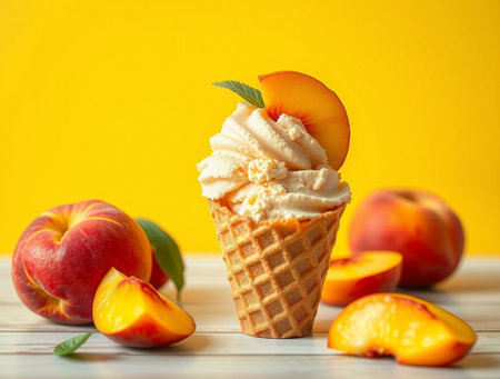 Delicious ice cream in waffle cone with peaches on yellow backgroundの素材