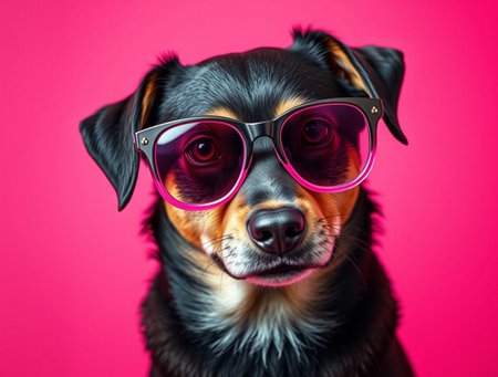Portrait of a cute dog wearing sunglasses on a pink background.の素材