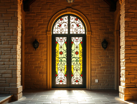Old church door with colorful stained glass windows. 3d render.の素材