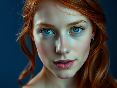 Close-up portrait of a red-haired girl with blue eyesの素材