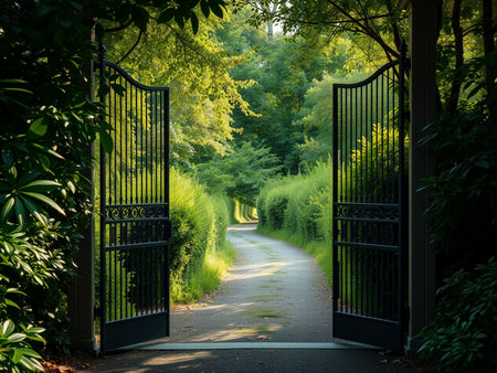Beautiful entrance gate to the park with a path in the middleの素材
