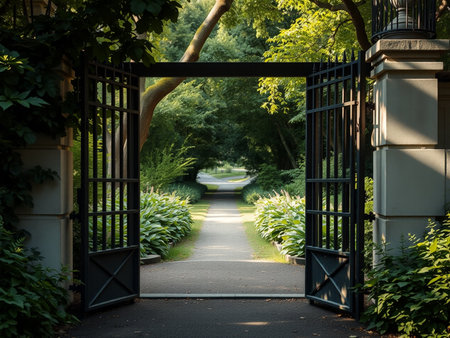Beautiful entrance to the garden with a boat on the water.の素材