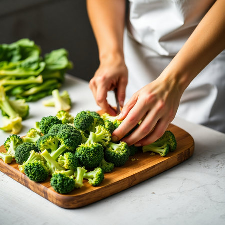 young woman in a white apron cuts fresh green broccoli on a wooden boardの素材