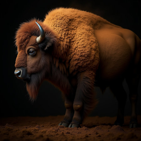 Bison on a dark background, 3d render, square imageの素材