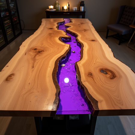 Wooden table with a lamp in the interior of a restaurant.の素材