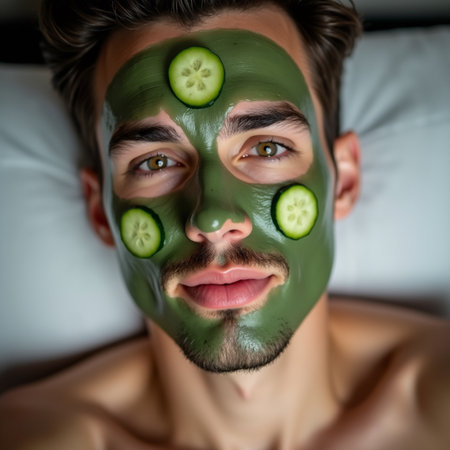 Young man with green facial mask and cucumber slices on his face lying in bedの素材