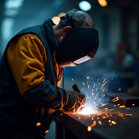 Male welder in protective clothing and mask welding metal with sparks.の素材
