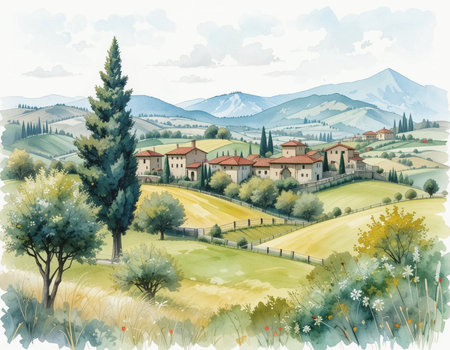 Watercolor landscape of Tuscany, Italy. Hand drawn illustrationの素材