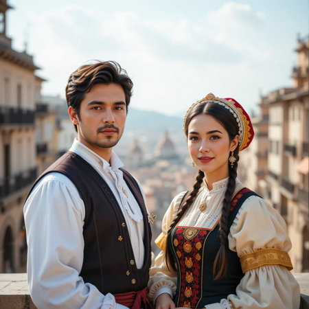 Portrait of a young couple in traditional clothing sitting on a balcony in Florence, Italyの素材