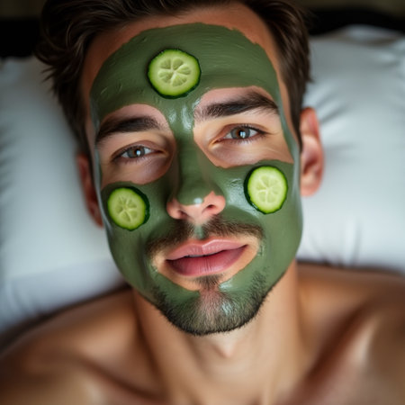 Young man with facial mask and cucumber slices in spa salon.の素材