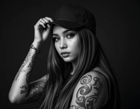 Portrait of a beautiful young woman with tattoo on her arm. Black and white photo.の素材