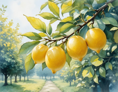 Ripe lemons on the tree in the garden. Illustrationの素材