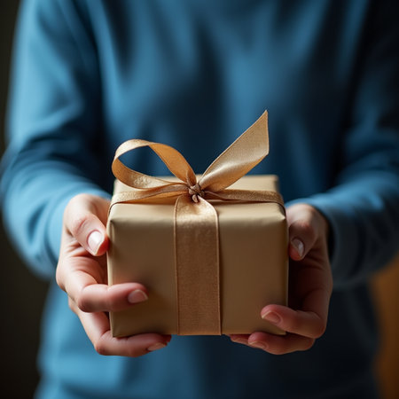 Female hands holding a gift box on dark background, close-upの素材