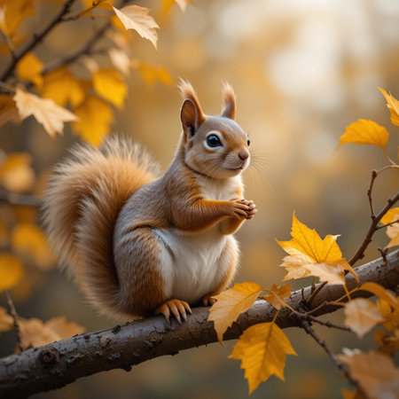 Squirrel sitting on a branch in the autumn forest. Autumn seasonの素材