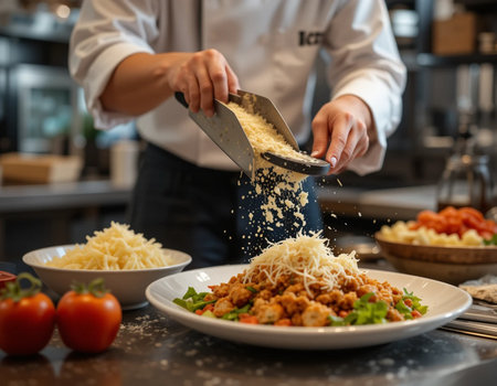 Chef cooking pasta in a restaurant kitchen. Professional chef preparing foodの素材