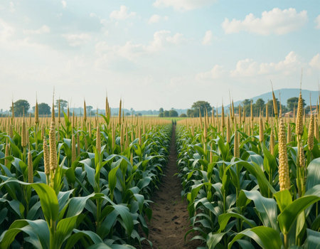 Agricultural field of corn with blue sky and white clouds.の素材