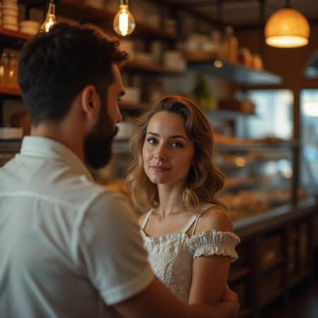 Beautiful couple in cafe. Man and woman looking at each otherの素材