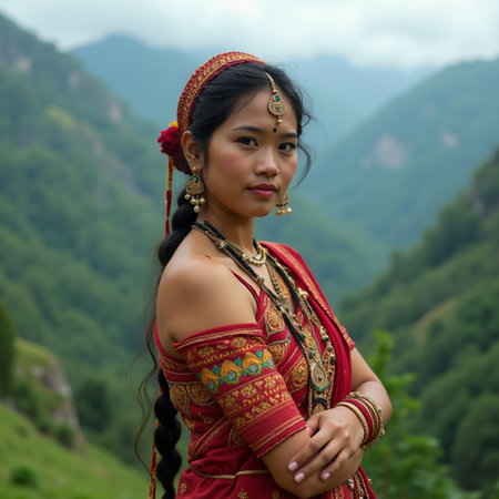Beautiful asian woman wearing traditional Indian clothing in the mountainsの素材