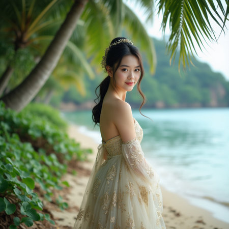 Portrait of beautiful Asian woman in wedding dress on tropical beachの素材