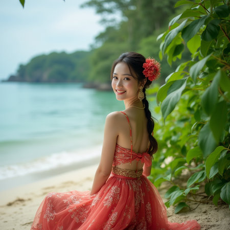 Portrait of a beautiful young Asian woman in red dress on the beachの素材