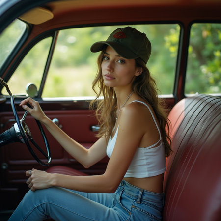 Young beautiful woman driving a retro car. Portrait of a girl in a car.の素材