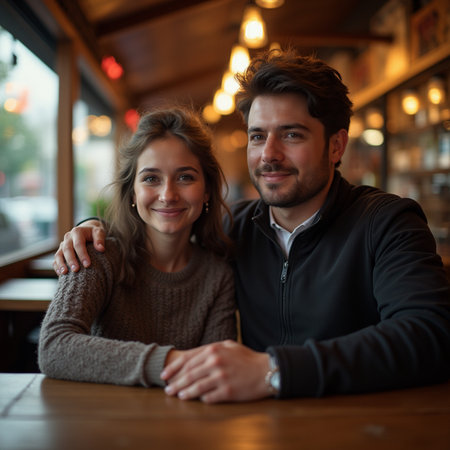 Portrait of young couple sitting at table in cafe and smiling.の素材