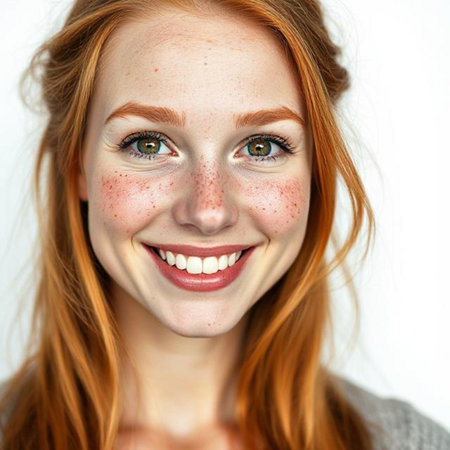 Portrait of a beautiful redhead girl with freckles on her faceの素材